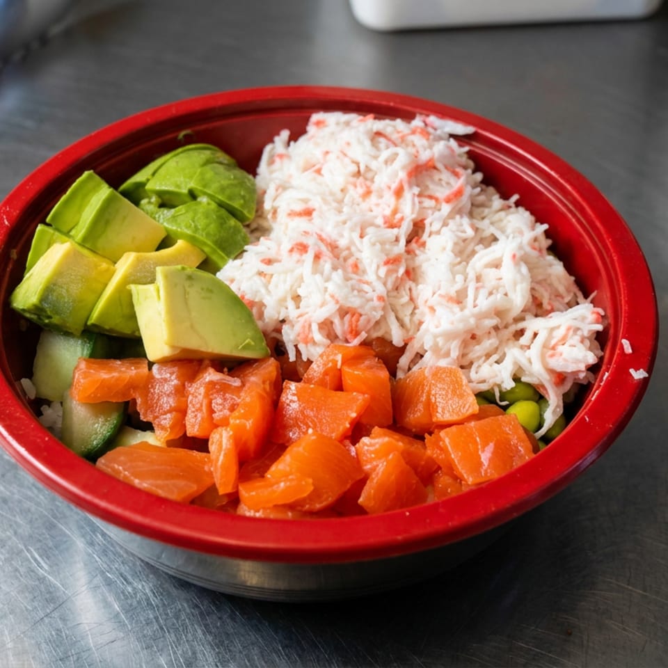 Red bowl filled with white rice, avocado slices, cucumber, and diced salmon on a stainless-steel counter.