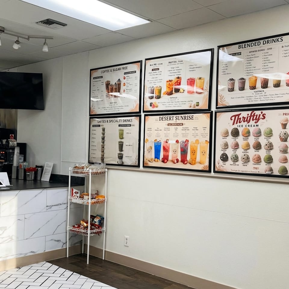 Bright dessert café counter with coffee equipment, pastry display, snack rack, and menu boards featuring blended drinks, ice cream, and acai bowls.
